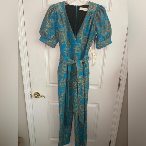 NWT Happy Nature Puff Sleeve Surplice V-Neck Belted Jumpsuit Blue Women's Size 8 - Picture 4 of 9